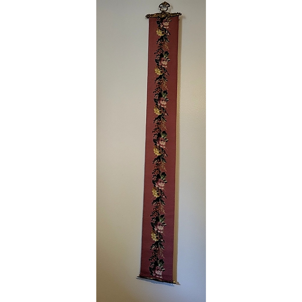 Vintage Bell Pull 7" x 60" Rose Pink Floral Wool Needlepoint W/Brass Attachments